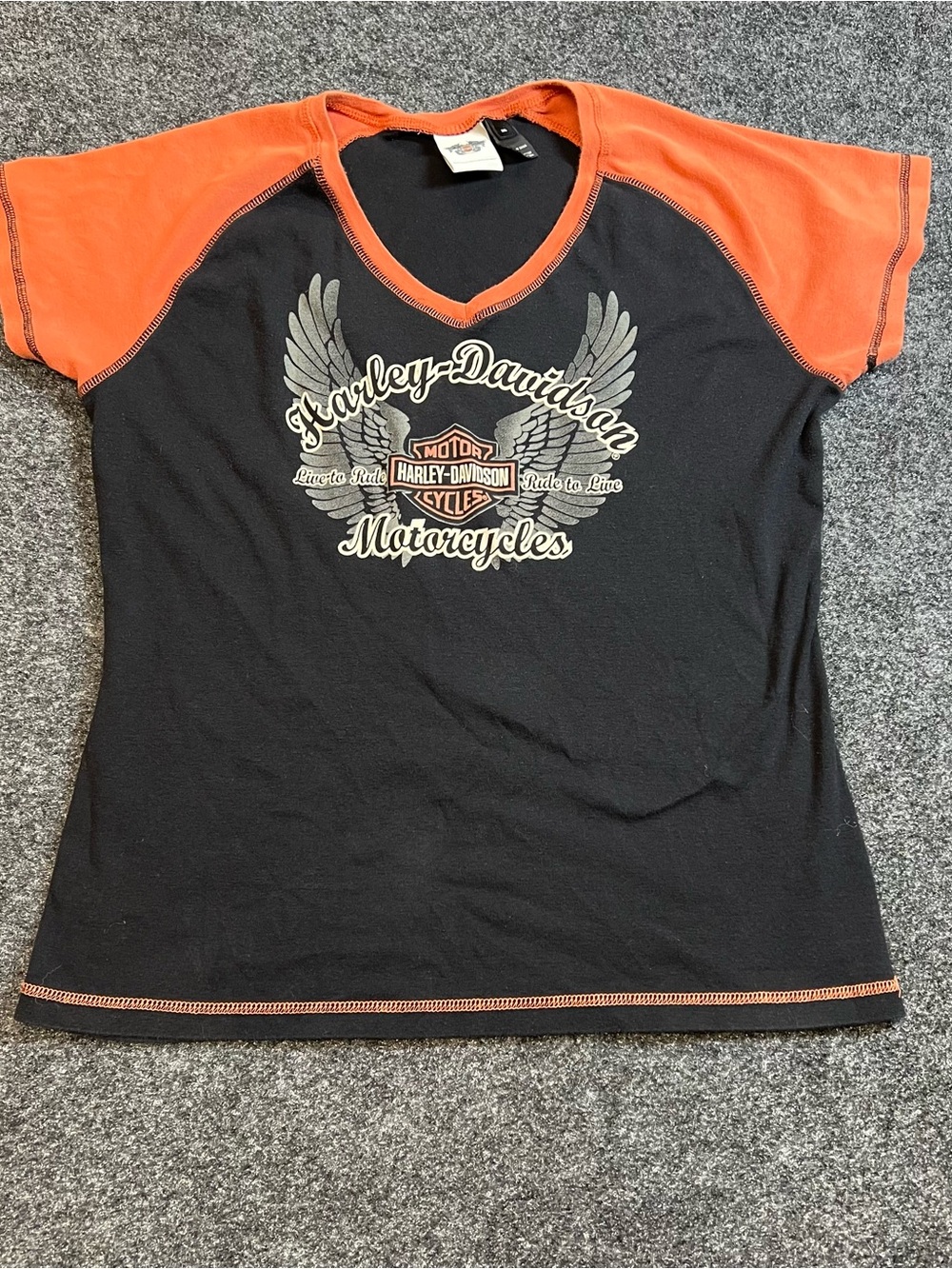 Harley Davidson Y2K Black Orange V Neck Moto Tee 2XL